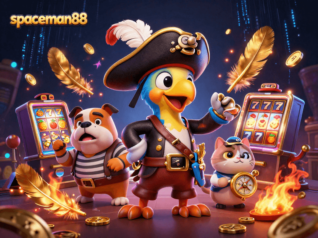 Engage with Spaceman88 as characters explore vibrant casino themes with slot machines and betting tokens.
