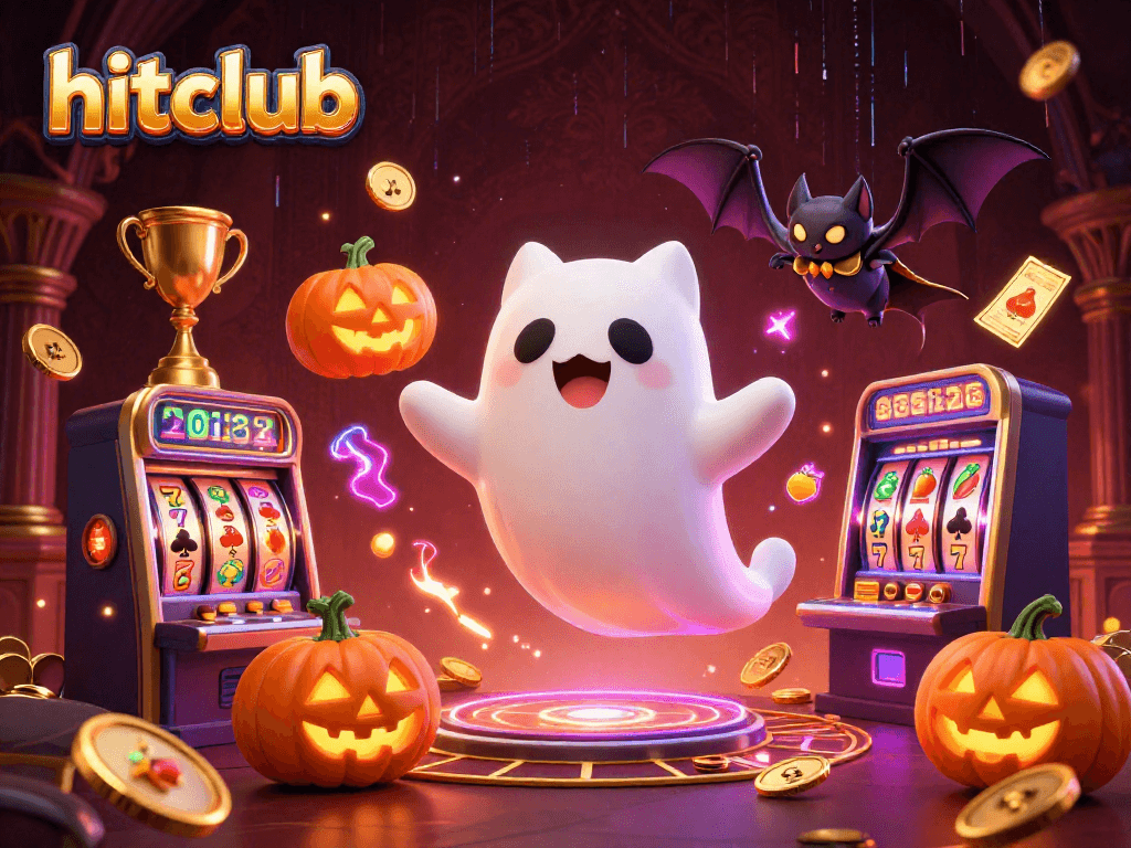 hitclub features ghost cat and vampire bat in a haunted casino with glowing slot machines and symbols