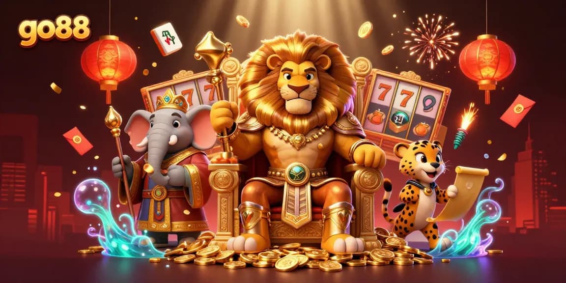 Experience the excitement of go88 with a vibrant casino scene featuring a lion king, elephant advisor, and cheetah messenger.