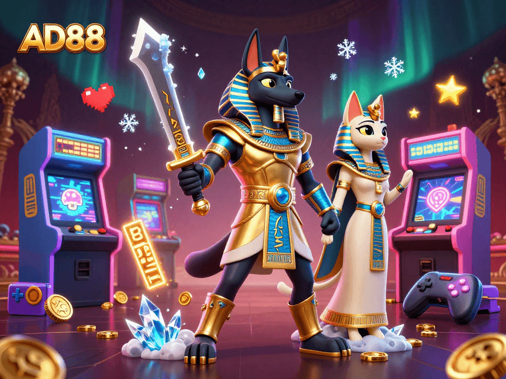 Experience thrilling adventures with AD88, where an ancient Egyptian warrior and mystical cat bring interactive games to life.