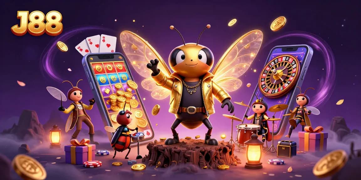 Engage with J88's thrilling casino games featuring a dynamic 3D rock star scene.