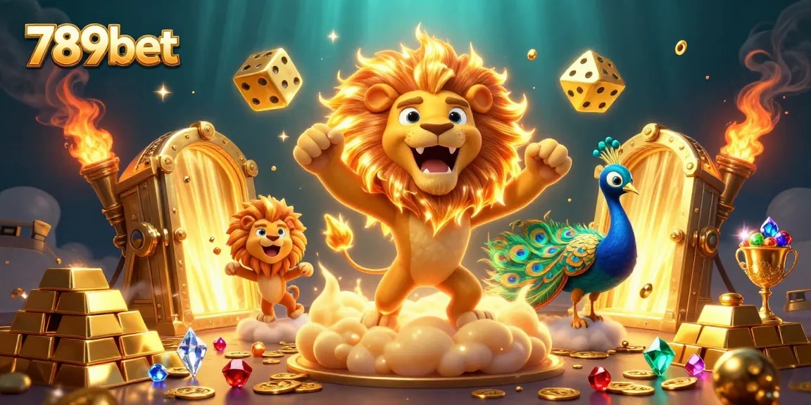 Engage with 789bet's vibrant casino scene filled with golden treasures, dice, and a roaring lion.