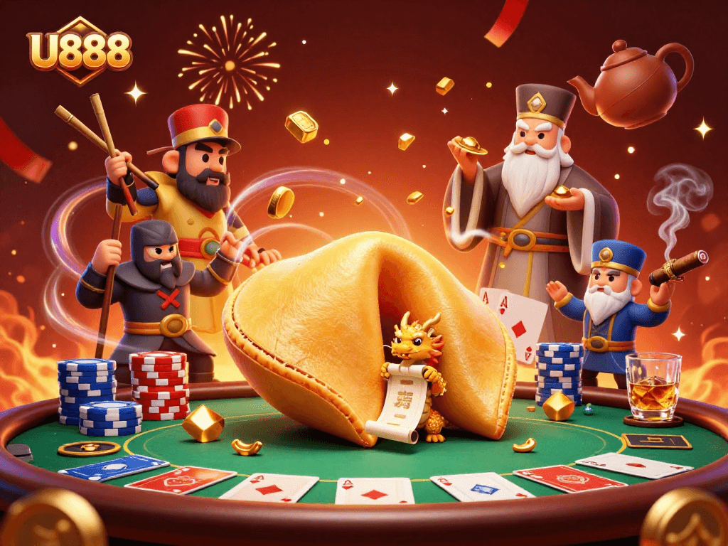 Experience the thrill of U888 with golden fortune cookie characters at a vibrant casino scene.