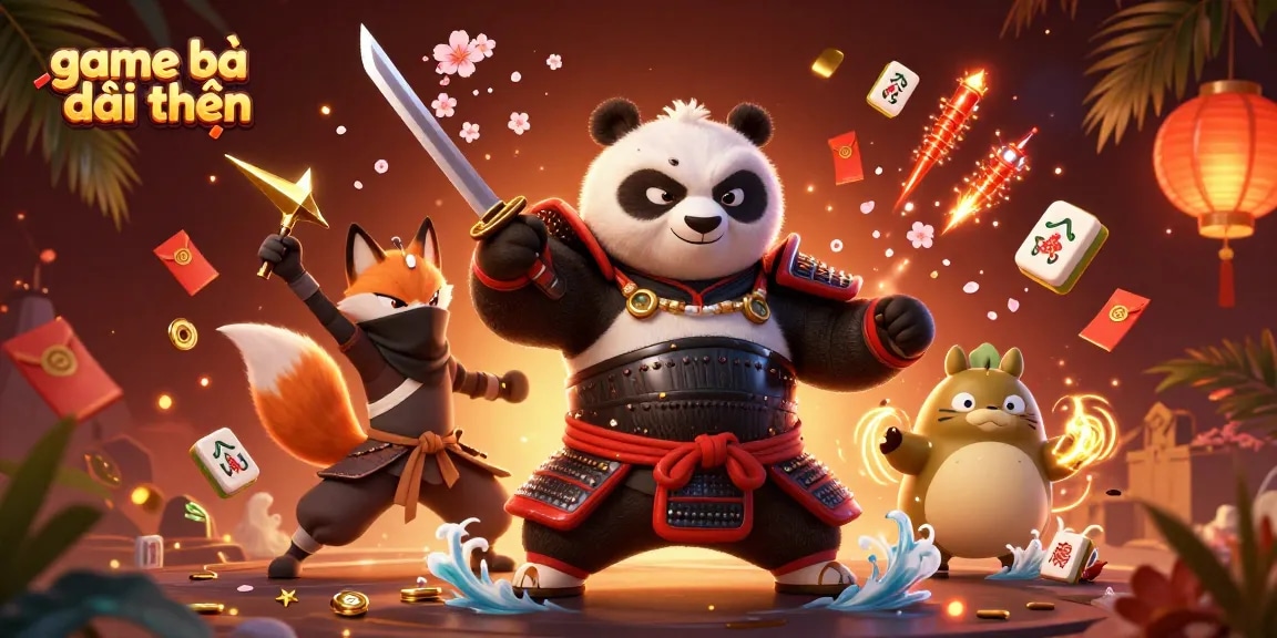 Engage in thrilling game bài đổi thưởng adventures with samurai panda and ninja fox under a vibrant backdrop.