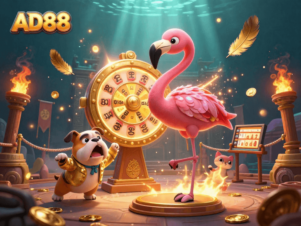 AD88 spins thrilling golden prize wheel with whimsical characters in a vibrant casino setting.