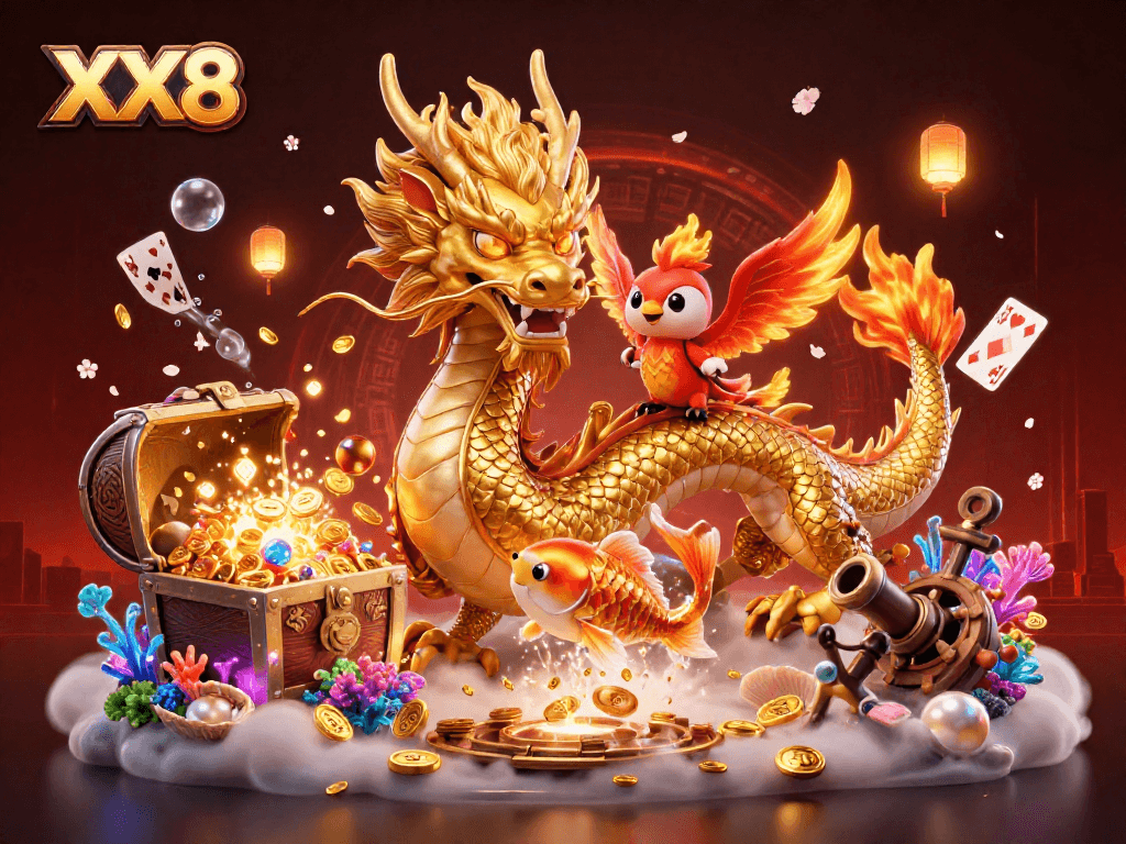 XX8 showcases a vibrant casino scene with a golden dragon and phoenix amidst coins.