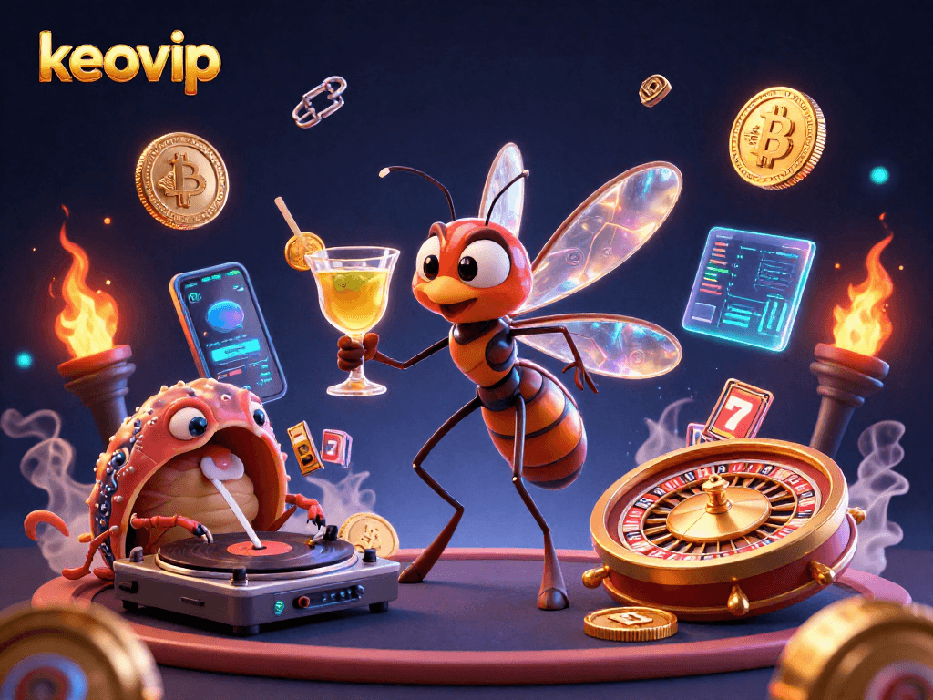 Engage with keovip's vibrant scene of a casino mascot and trilobite DJ amidst crypto elements