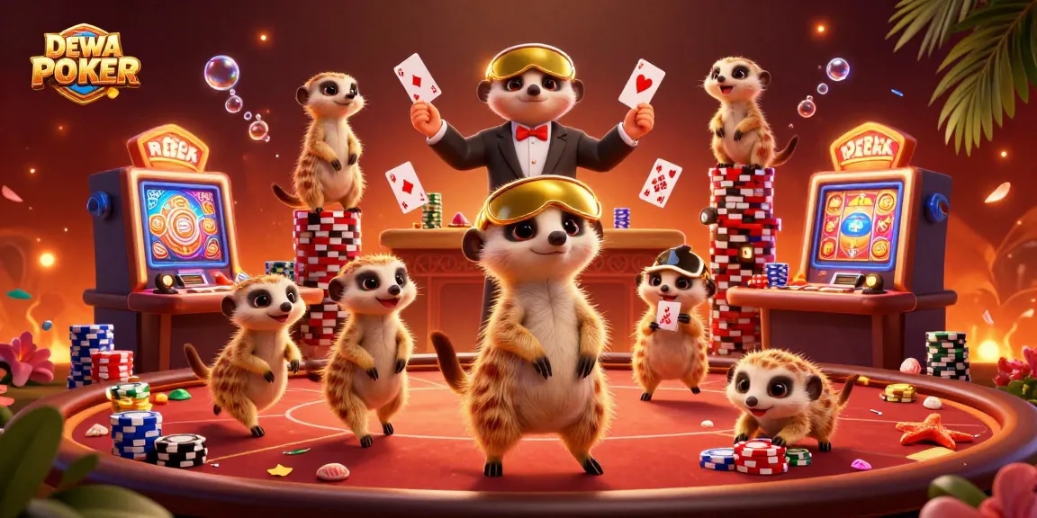 Experience exciting poker games at DEWAPOKER with playful meerkats managing a vibrant casino.