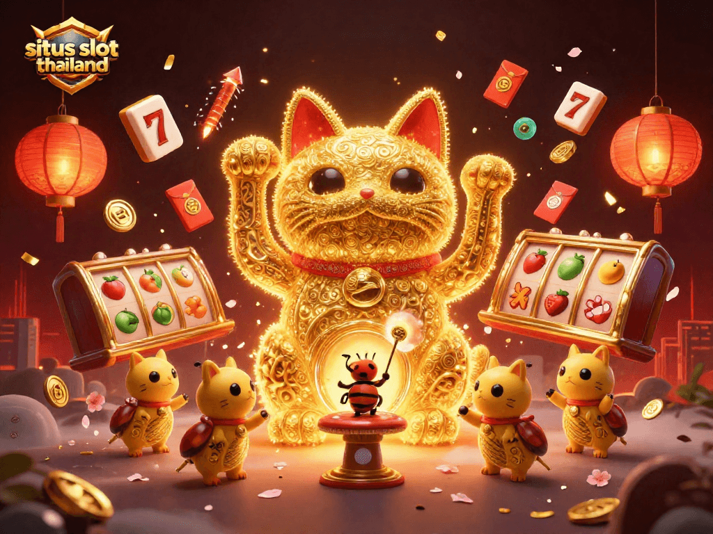 Engage with situs slot thailand through vibrant slot symbols and lucky cat characters in an animated casino scene.