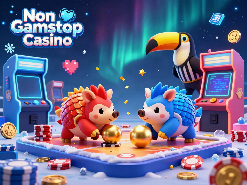 Engaging scene of non Gamstop Casino with animated pangolins in a game setting featuring poker chips and arcade elements.