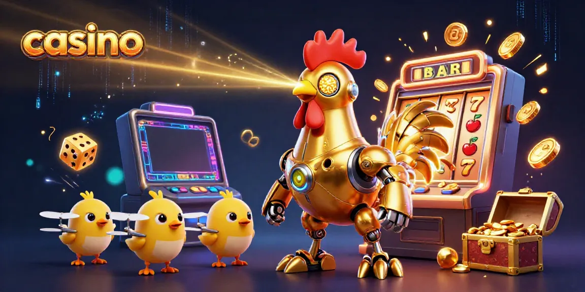Engage with the vibrant casino scene featuring a laser-shooting golden rooster robot amidst jackpot celebrations.
