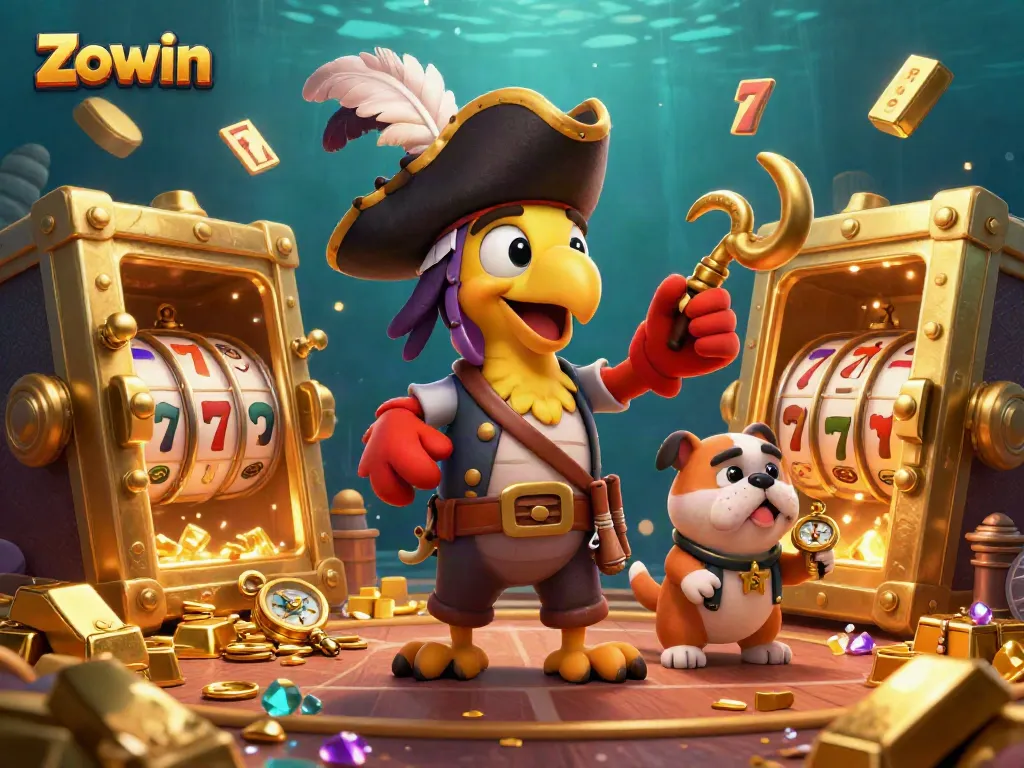 Zowin players enjoy a vibrant 3D scene of pirate-themed gambling action with gold and gems around the characters.