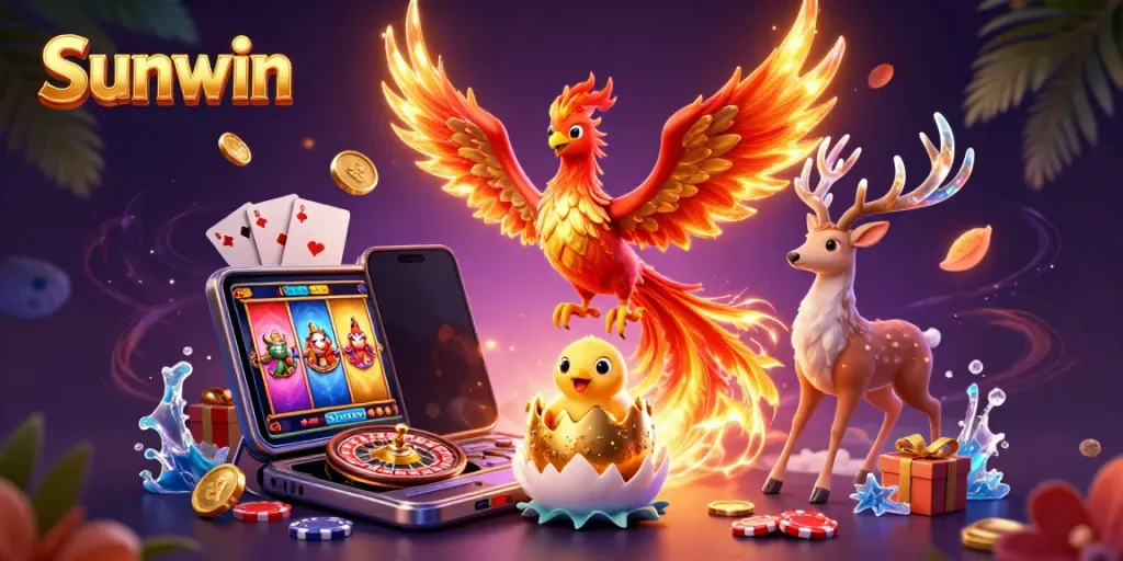 Experience the thrill of Sunwin with an enchanting depiction of a phoenix in a vibrant 3D casino setting.