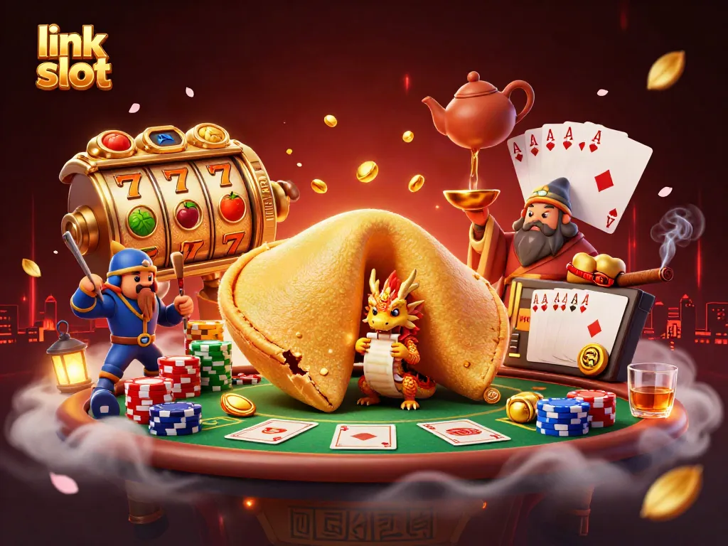 Spin the reels at link slot with a bursting fortune cookie and playful dragon in a vibrant casino scene