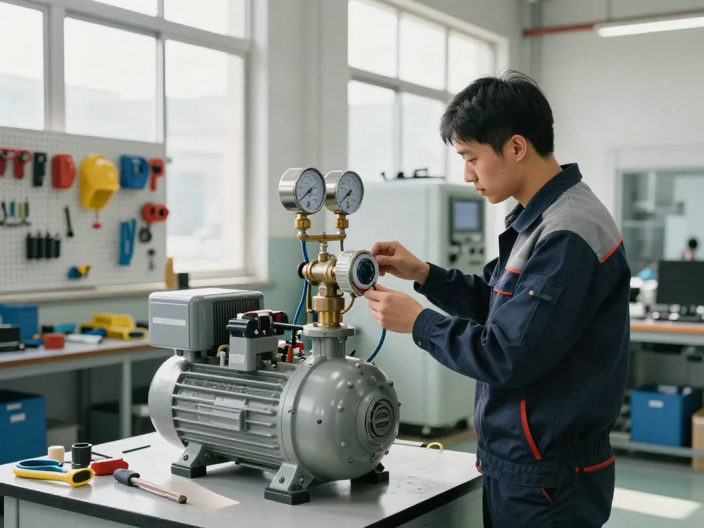 Technician examining an air compressor pressure switch in a bright workshop, highlighting industrial quality control.