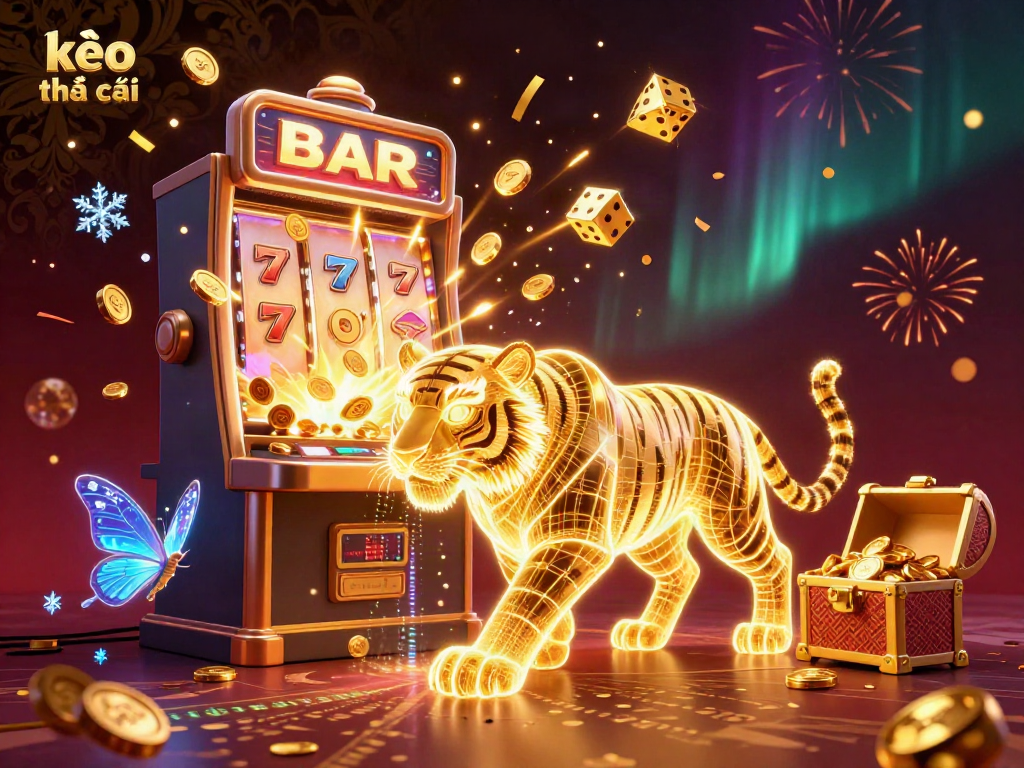 Experience thrilling kèo nhà cái action with vibrant slot machines and glowing characters in a digital casino.