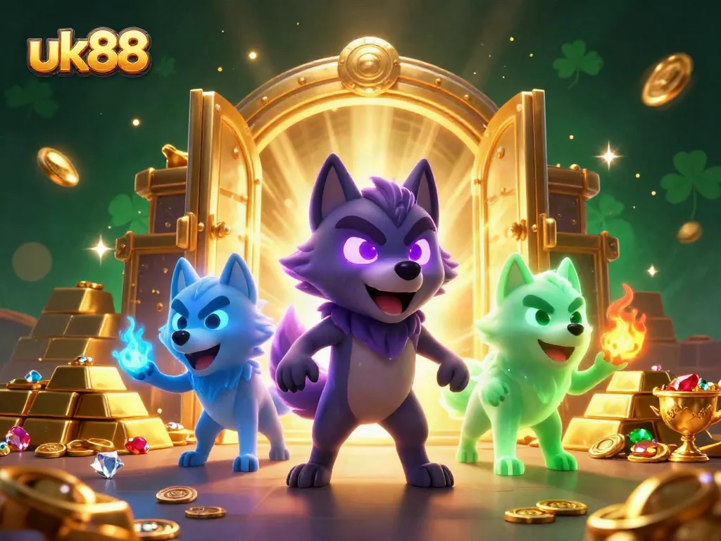 uk88 players engage with exciting casino games amidst treasures and glowing gems.