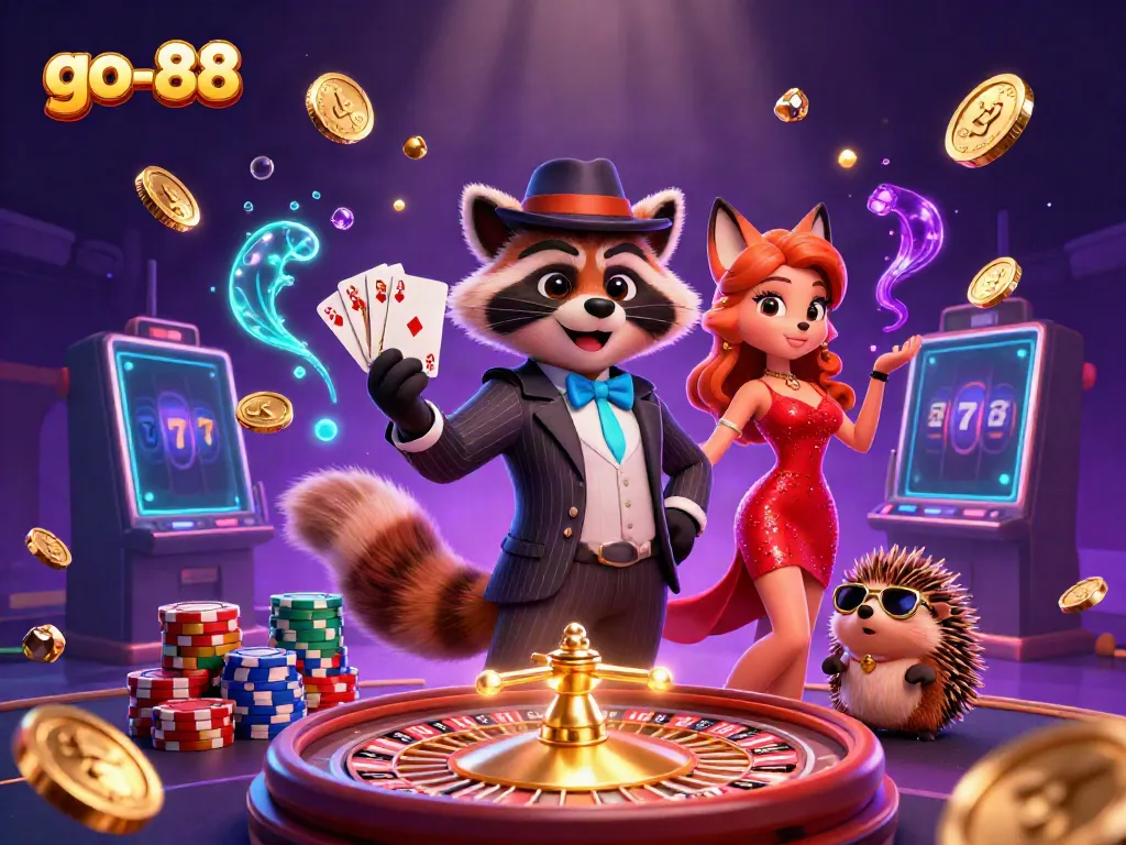 Play while winning at go-88 with vibrant cartoon characters and casino elements in this dynamic gambling scene.