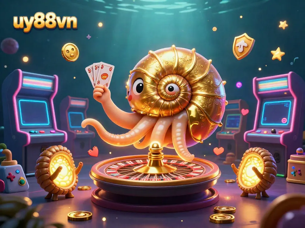 Engage with the thrilling world of uy88vn featuring a giant nautilus, colorful arcade machines, and casino elements.