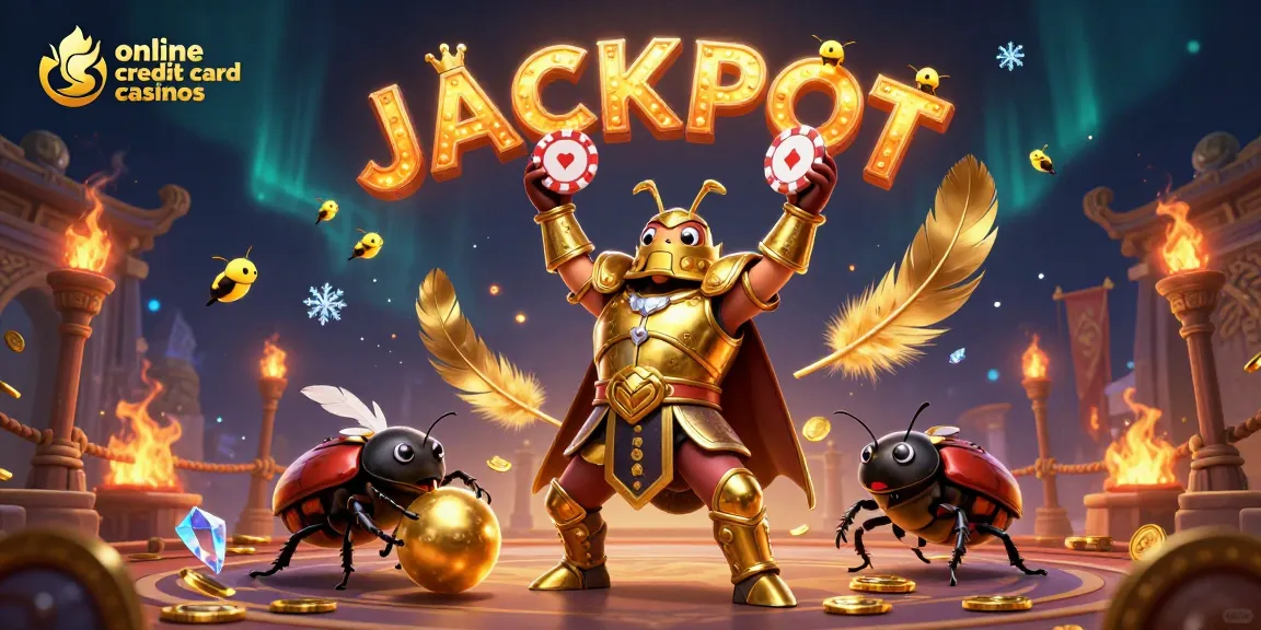 Experience the excitement at online credit card casinos with a heroic beetle winning the jackpot surrounded by vibrant casino elements.