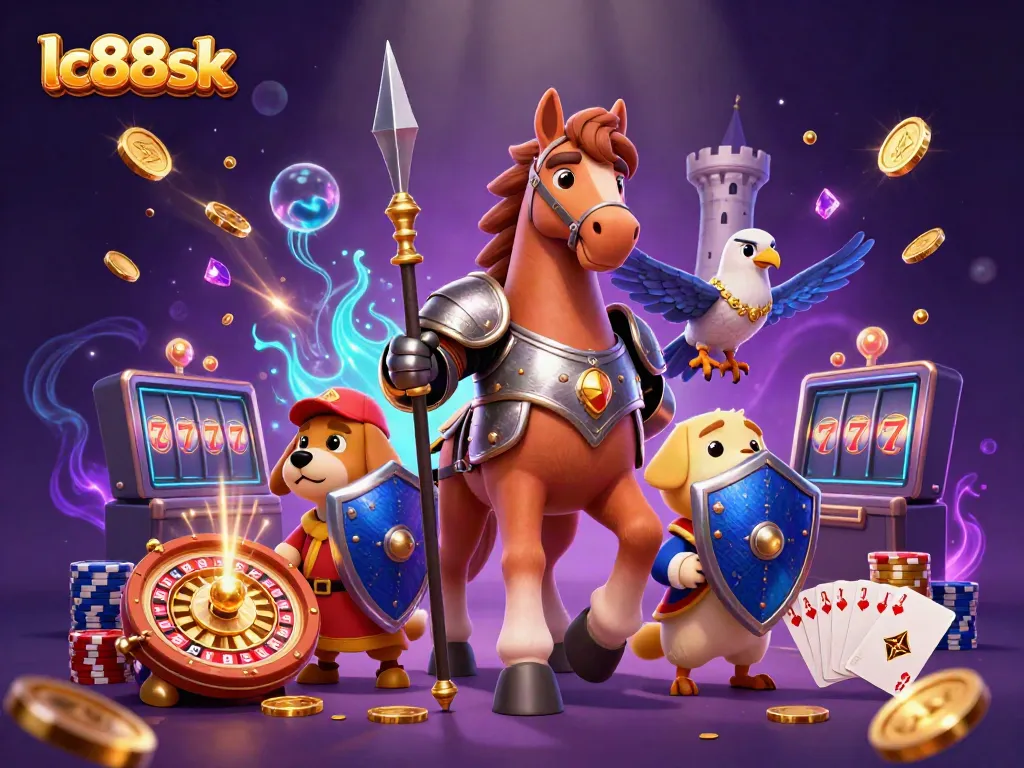 Engage with exciting gaming action at lc88sk featuring medieval characters amidst swirling casino elements.