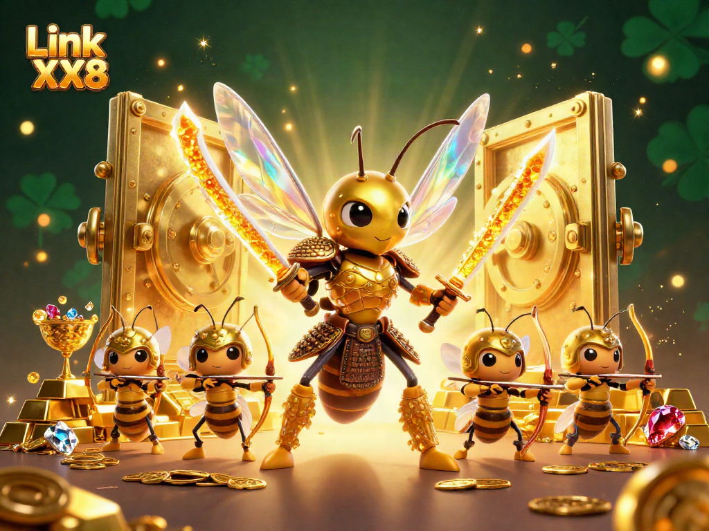 Experience exhilarating gameplay at Link XX8, featuring a golden hornet samurai and treasure elements in a vibrant casino scene.