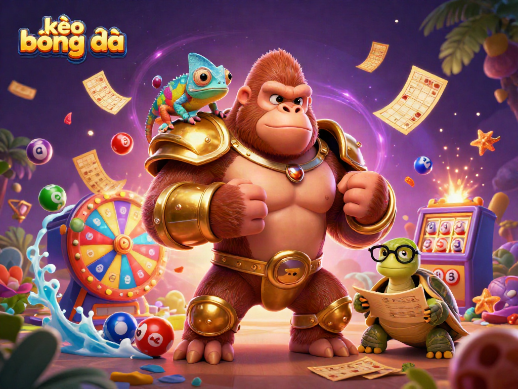 Experience thrilling kèo bóng đá action as the gorilla king takes center stage with vibrant elements surrounding him.