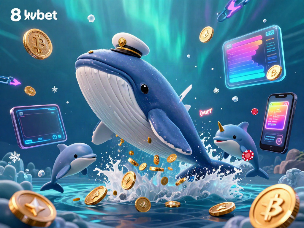 Engage with the exciting 8xbet experience, showcasing a whimsical underwater scene with a whale, narwhal, and dolphins amidst coins and crypto elements.