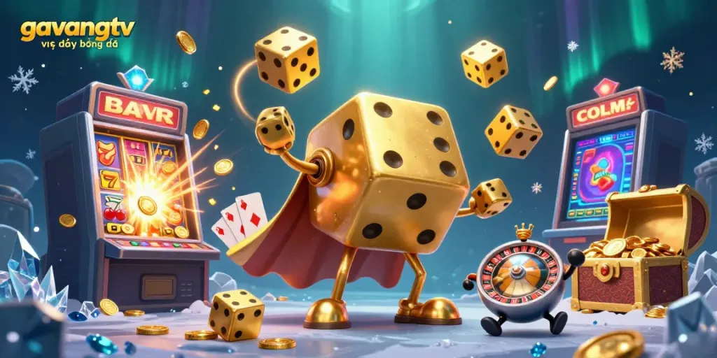 Experience gavangtv trực tiếp bóng đá with a vibrant casino scene featuring a golden dice golem and dynamic jackpot elements.