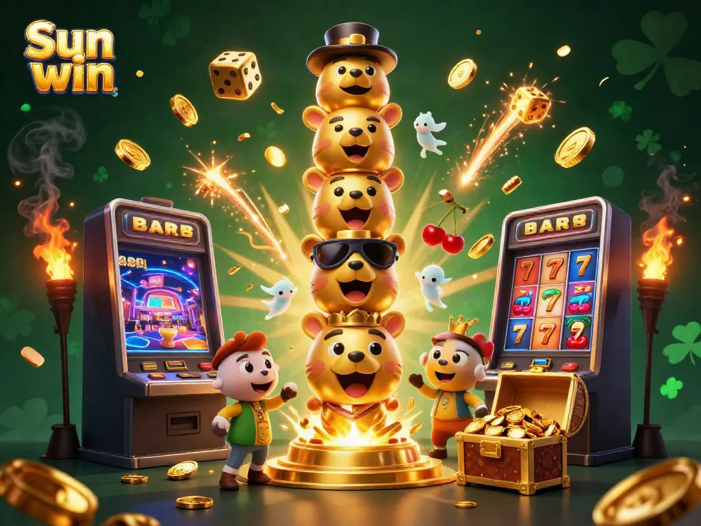 Experience the vibrant world of Sun win with an exciting totem pole and slot machine illustration.