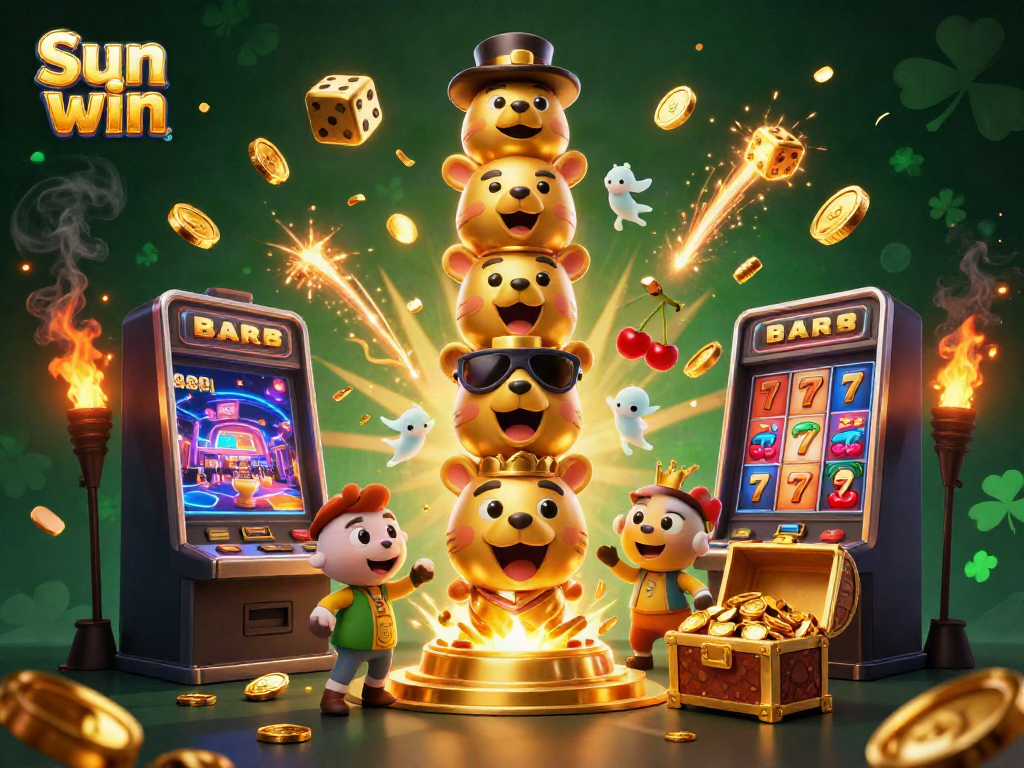 Experience the vibrant world of Sun win with an exciting totem pole and slot machine illustration.