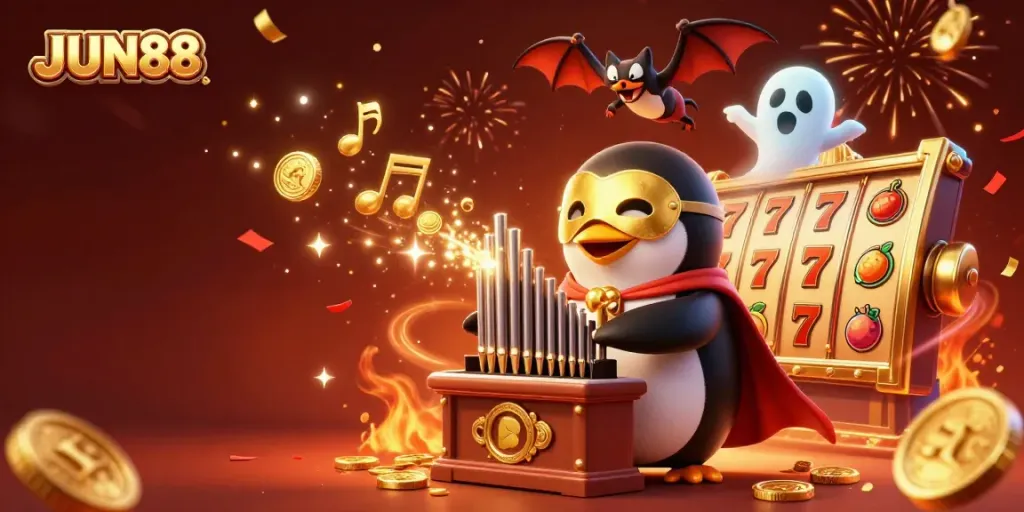 Experience the excitement of JUN88 with a lively 3D casino scene featuring a penguin and bat, celebrating wins.