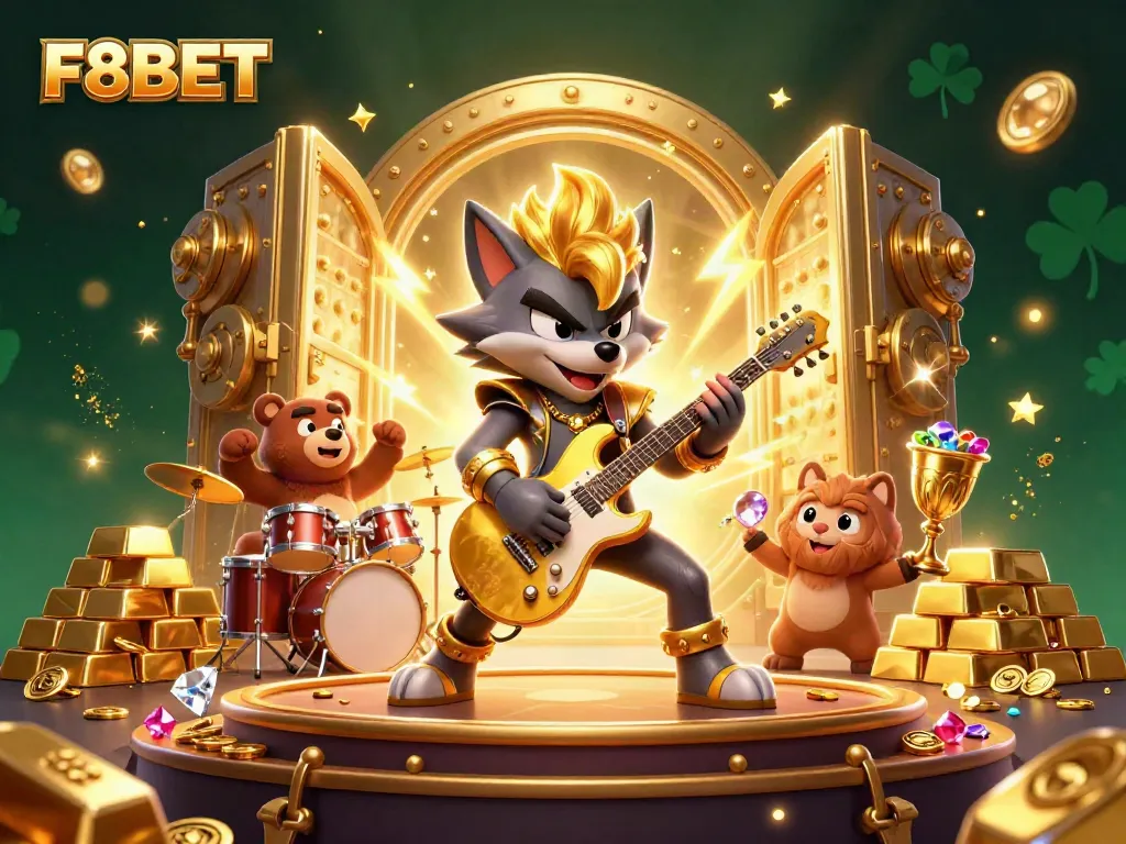 Experience the thrilling world of F8BET with a dazzling casino illustration featuring a rock star wolf and a drummer bear.