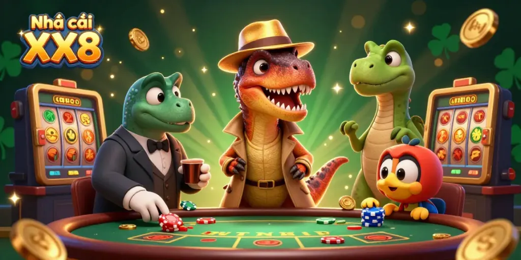 Experience thrilling gaming at Nhà cái XX8 with a captivating illustration of a velociraptor card counter and casino scene.