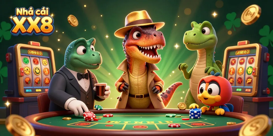 Experience thrilling gaming at Nhà cái XX8 with a captivating illustration of a velociraptor card counter and casino scene.