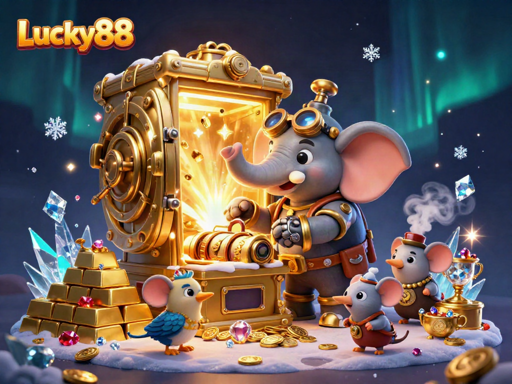 Engage with Lucky88's thrilling gaming world, featuring a steampunk elephant at a vibrant slot machine, amidst treasures.