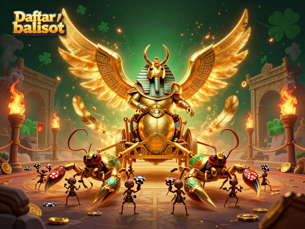 Engage in thrilling gameplay with Daftar balisot, featuring a dynamic scene of a golden scarab beetle chariot.