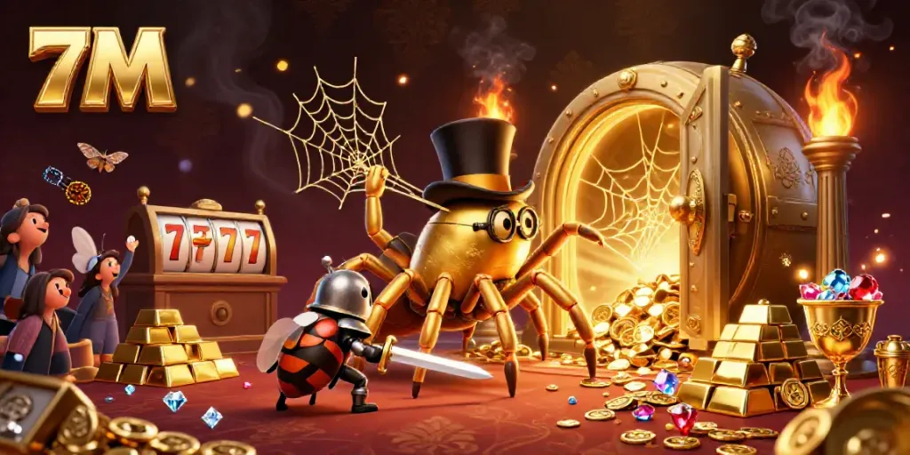 Engage in thrilling gameplay with 7M in a vibrant casino scene featuring dynamic golden elements and quirky characters.
