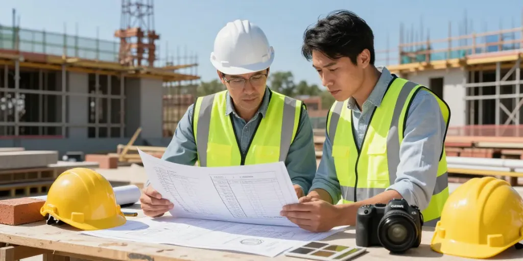 Expert quantity surveyor assessing construction cost consultancy on site with blueprints
