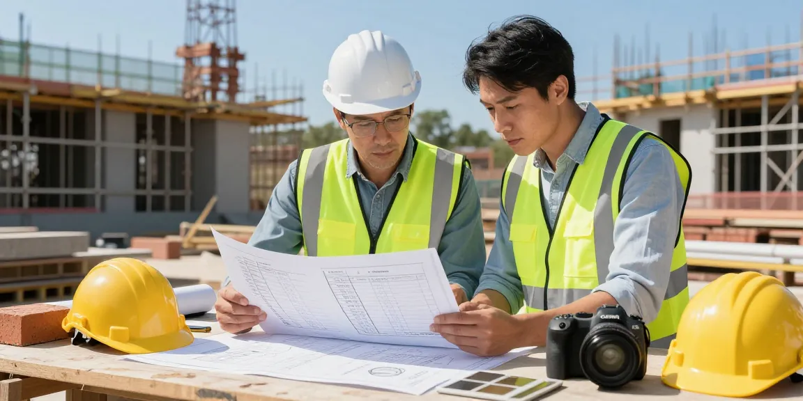 Expert quantity surveyor assessing construction cost consultancy on site with blueprints