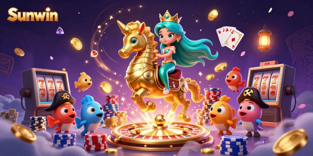 Engage with the enchanting Sunwin experience featuring a mermaid, seahorse, and golden coins