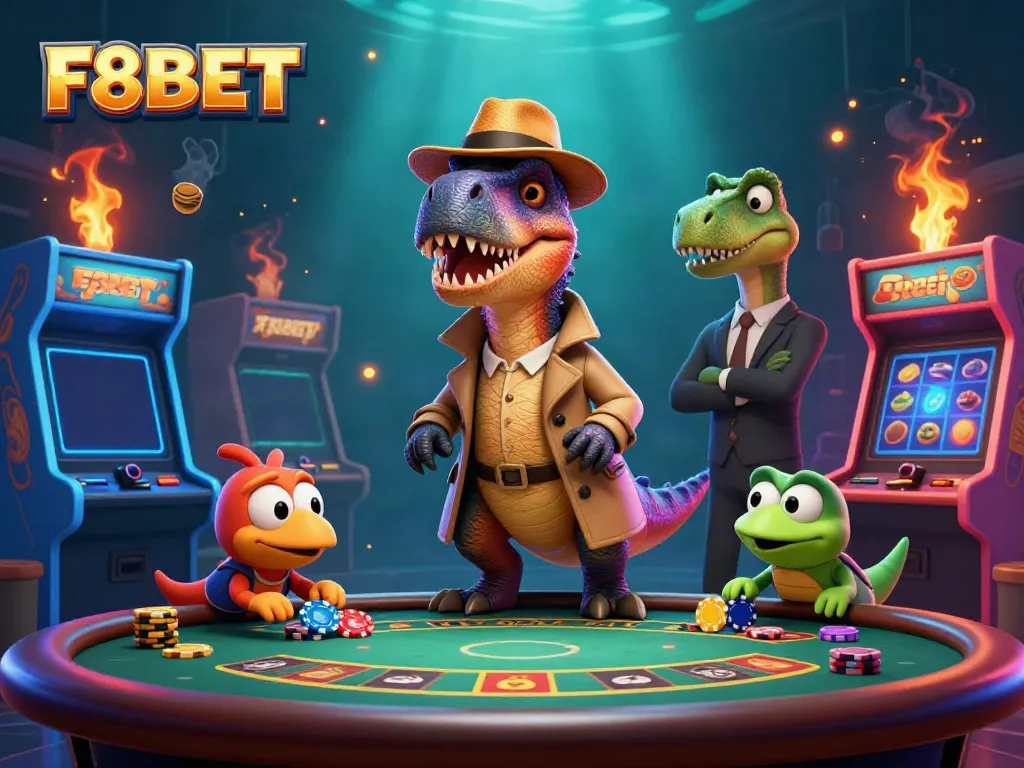 Experience exciting gameplay at F8BET with a velociraptor card counter and vibrant slot machines.