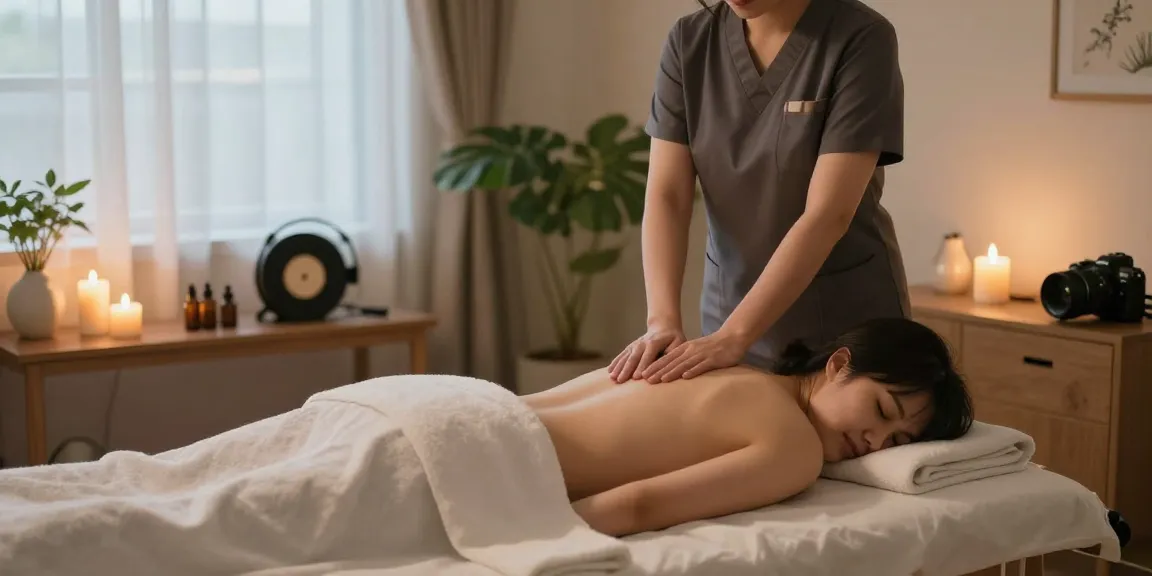 Relaxing 서울출장마사지 session in serene home setting with soft lighting.