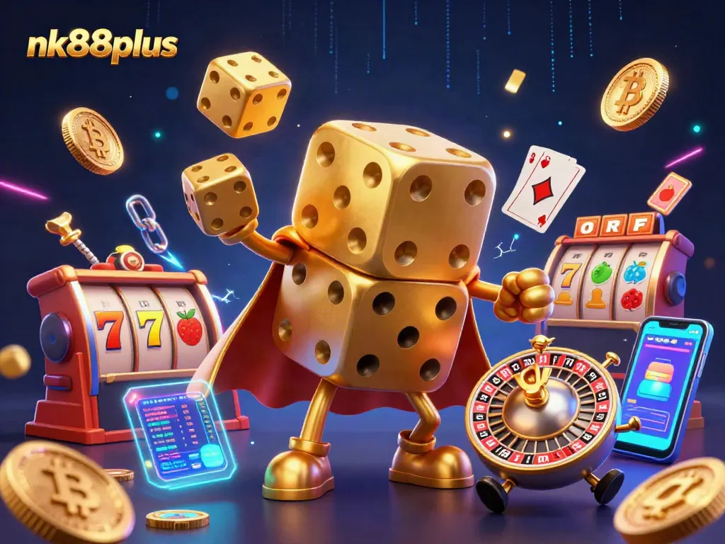 Play slots at nk88plus with vibrant 3D golden dice characters and Bitcoin elements.