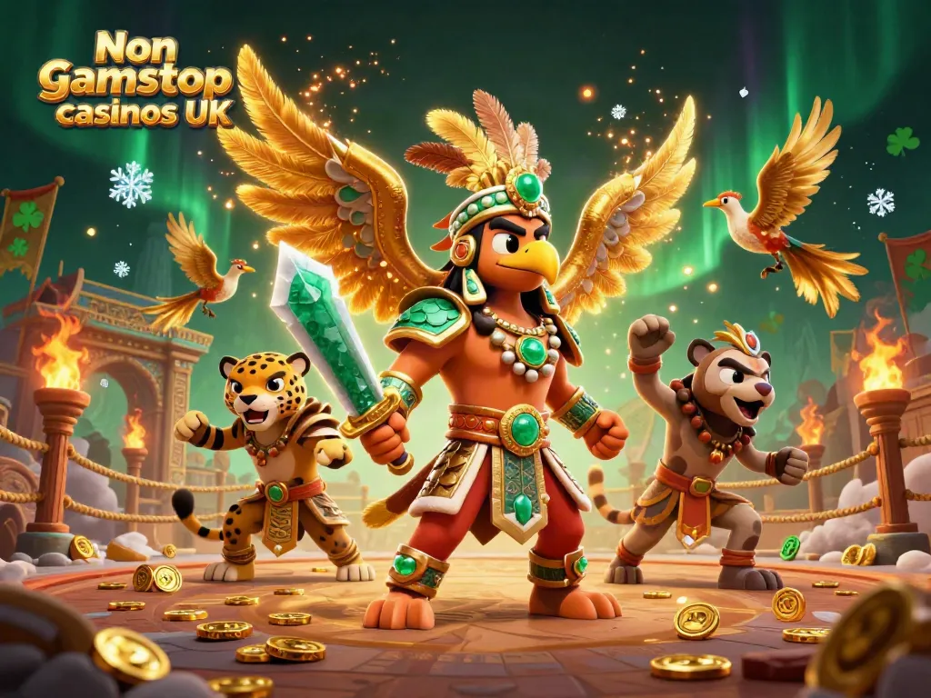 Engaging 3D portrayal of Non gamstop casinos UK featuring dynamic casino elements and vibrant characters.