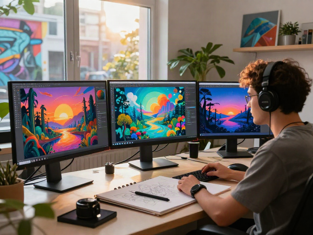 NSFW AI art creation in a creative digital studio showcasing vibrant artworks and modern technology.