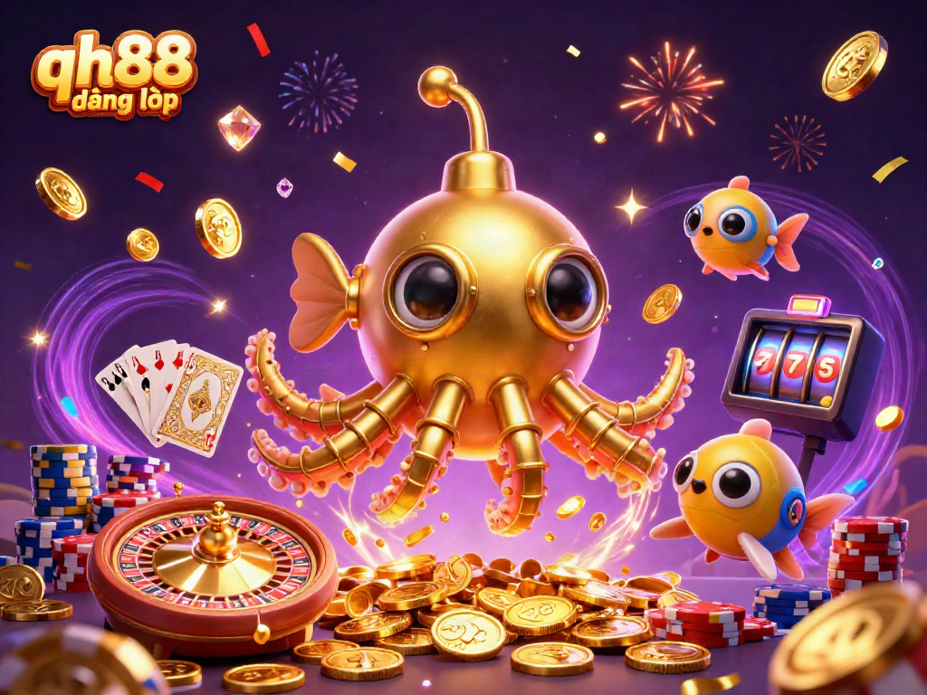 Experience qh88 đăng nhập with a vibrant 3D casino scene showcasing exciting gaming elements and dynamic characters.