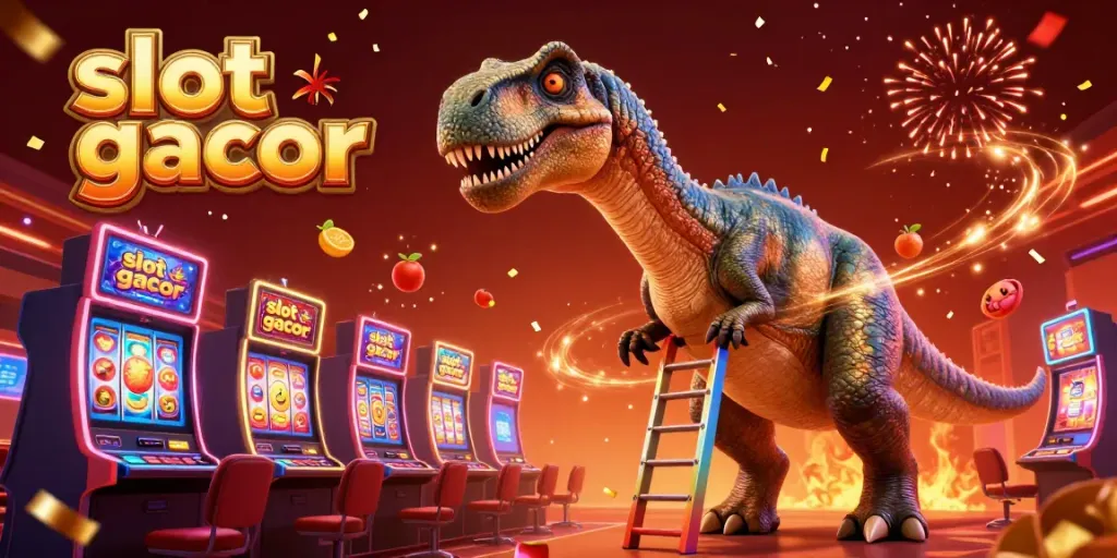 Slot gacor memperlihatkan dinosaurus raksasa di kasino menatap mesin slot yang berputar.