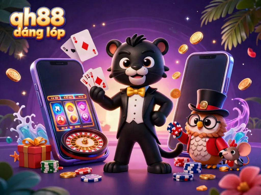 Engage in fun with qh88 đăng nhập featuring a stylish panther, poker owl, and lucky mouse in a vibrant casino scene.