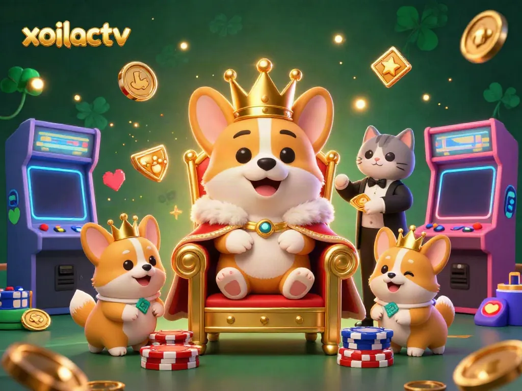 Join the royal gameplay at xoilactv with a crown-wearing corgi amidst vibrant casino visuals.